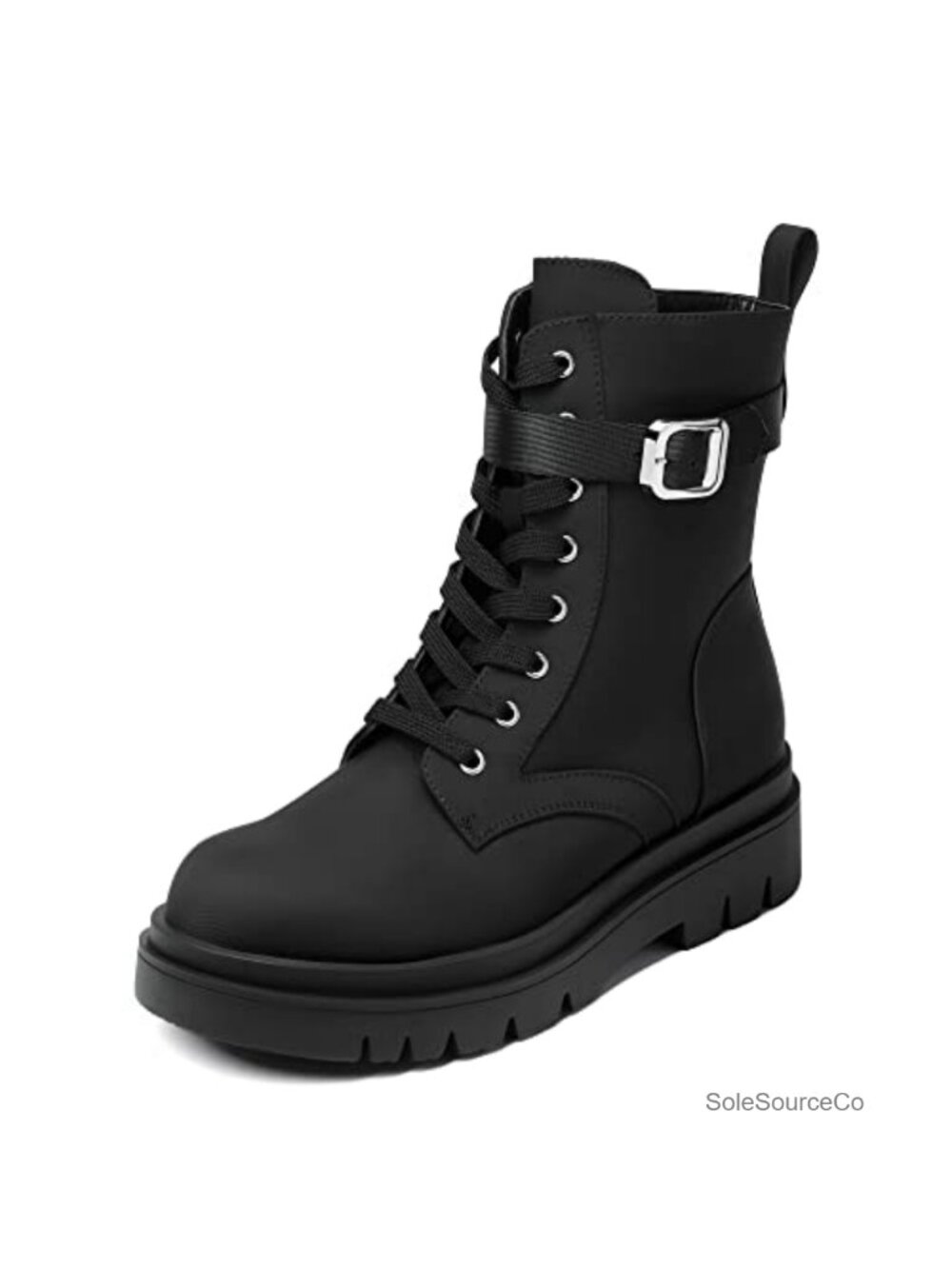 Women's Faux Leather Combat Platform Ankle Boots with Side Zipper, Chunky Sole